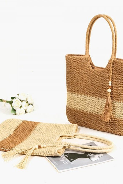 Two Tone Woven Straw Tote Bag-260 Bags-Judson-Hello Friends Boutique-Woman's Fashion Boutique Located in Traverse City, MI