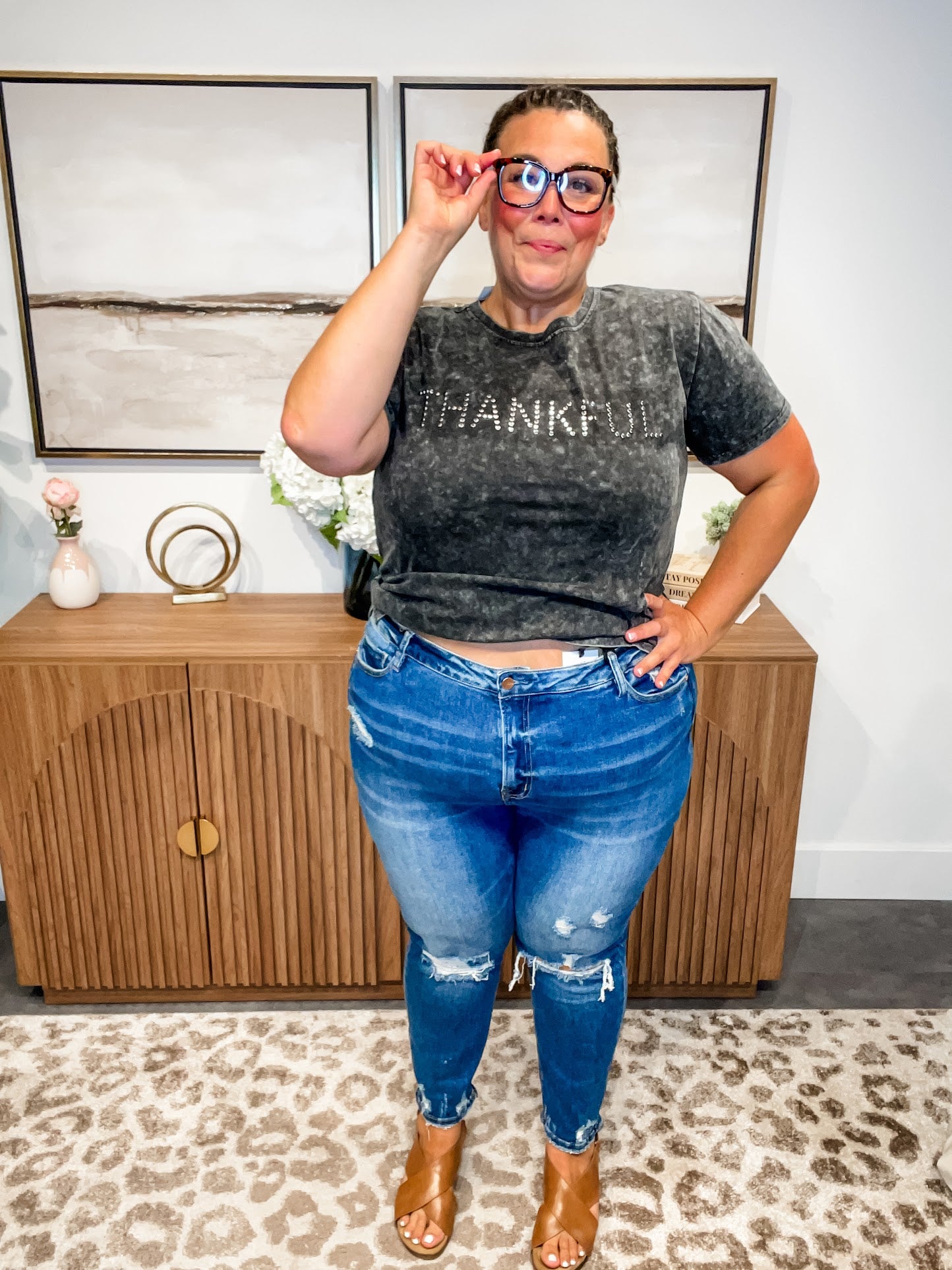 Thankful & Thriving Tee in Charcoal (S-1XL)-130 Graphic Tees-Merigold Kiss-Hello Friends Boutique-Woman's Fashion Boutique Located in Traverse City, MI