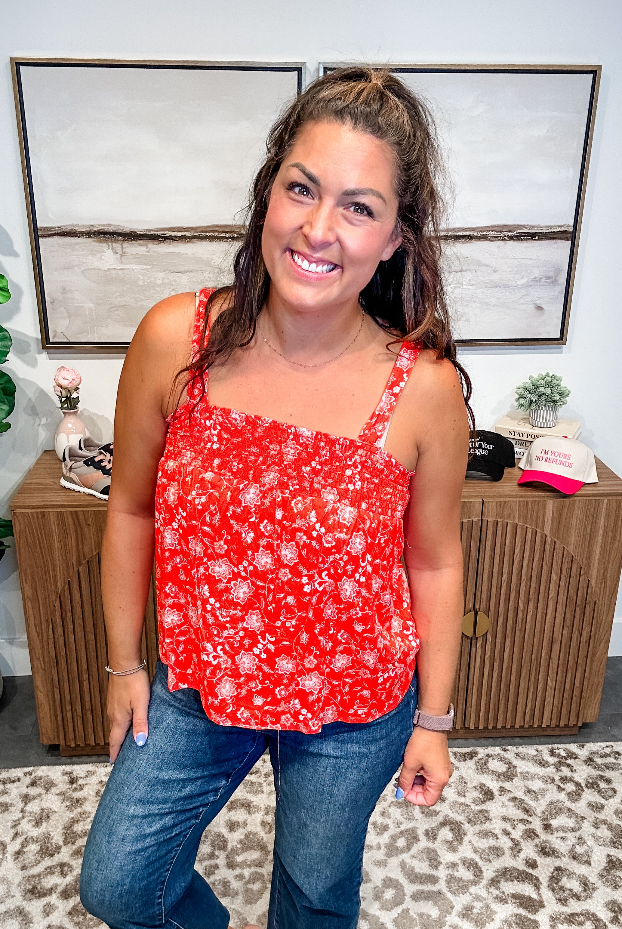 Sunset Petals Smocked Top (S-L)-120 Sleeveless-GILLI-Hello Friends Boutique-Woman's Fashion Boutique Located in Traverse City, MI