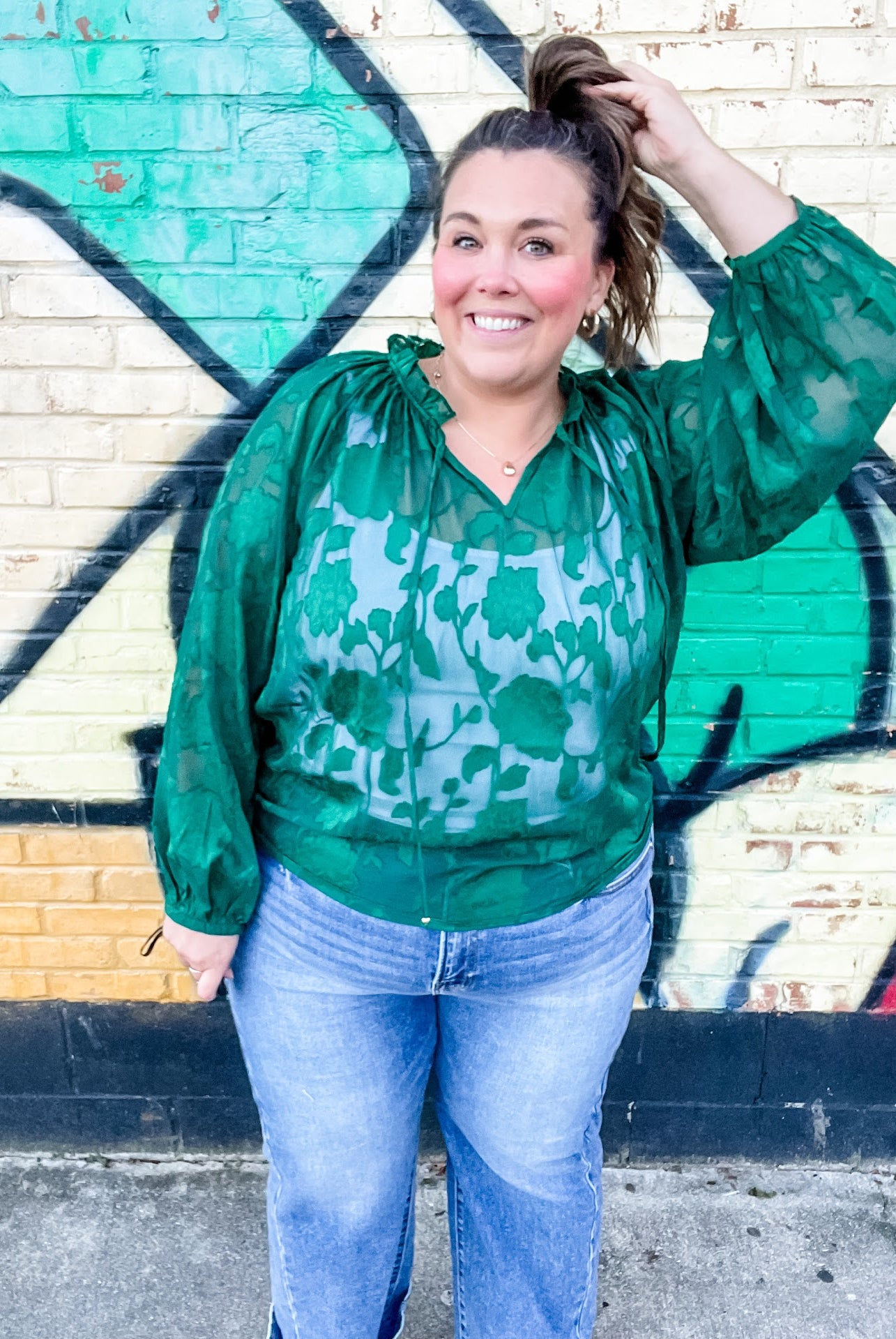 Emerald Whimsy Jacquard Blouse (S-3XL)-110 Long Sleeve-Oddi-Hello Friends Boutique-Woman's Fashion Boutique Located in Traverse City, MI