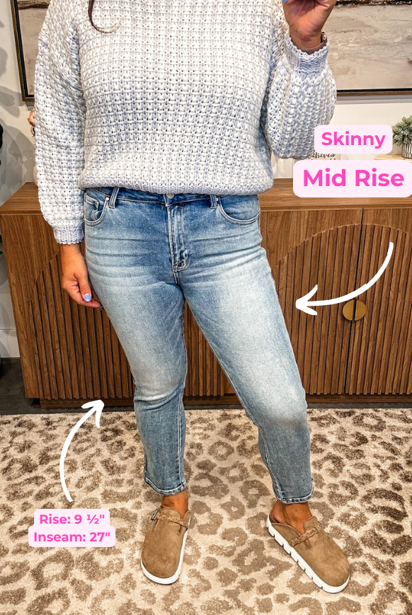 Can't Bring Me Down Mid Rise Skinny Denim (0-15, 1X-3X)-200 Denim-RISEN-Hello Friends Boutique-Woman's Fashion Boutique Located in Traverse City, MI