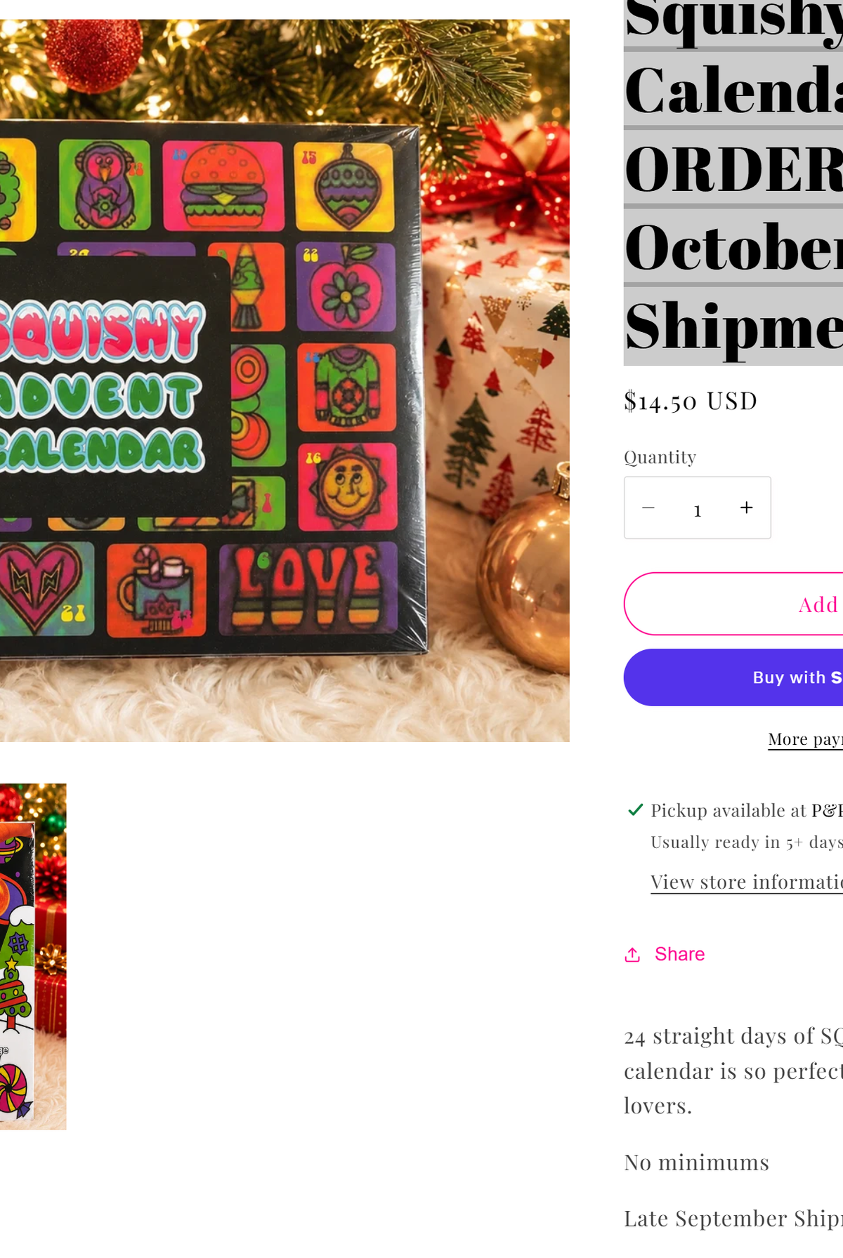 Supplier reference showing the Squishy Advent Calendar with 24 days of surprises