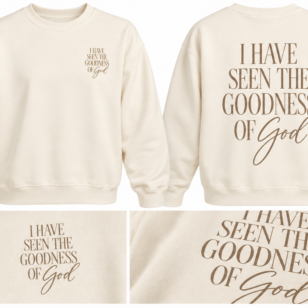 Cream Goodness of God crewneck sweatshirt with small front chest graphic and large back lettering