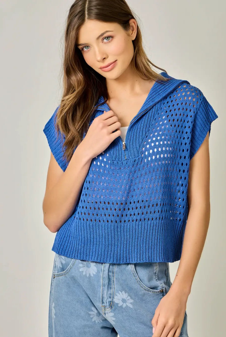 Fishnet Zip Up Short Sleeve Relaxed Sweater.jpg