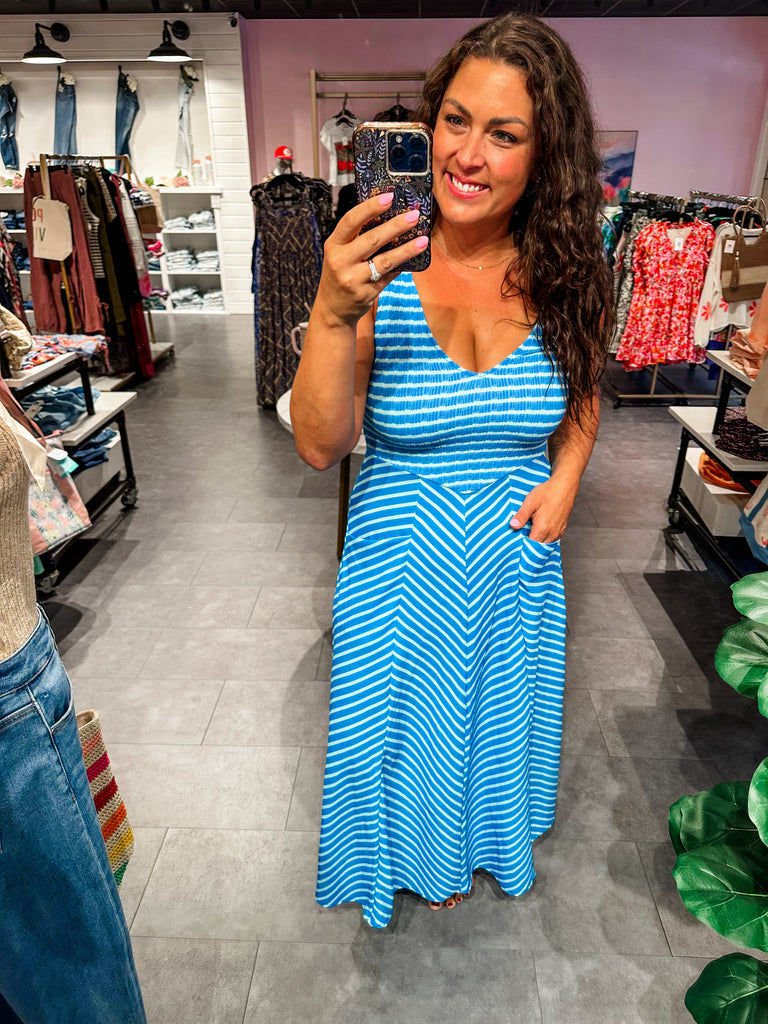 The Luciana Stripe Dress in Blue (XS-1XL)-180 Dresses-Blakeley-Hello Friends Boutique-Woman's Fashion Boutique Located in Traverse City, MI