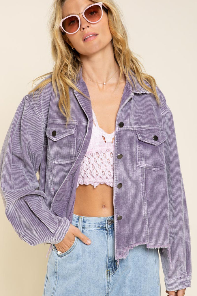 Distressed Hem Corduroy Jacket in Purple (S-L)-170 Jackets-POL-Hello Friends Boutique-Woman's Fashion Boutique Located in Traverse City, MI