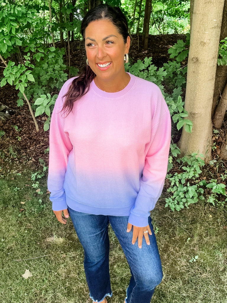 Moon Ryder Ombre Corded Crew in Purple/Pink (S-2XL)-150 Sweatshirts/Hoodies-Moon Ryder-Hello Friends Boutique-Woman's Fashion Boutique Located in Traverse City, MI