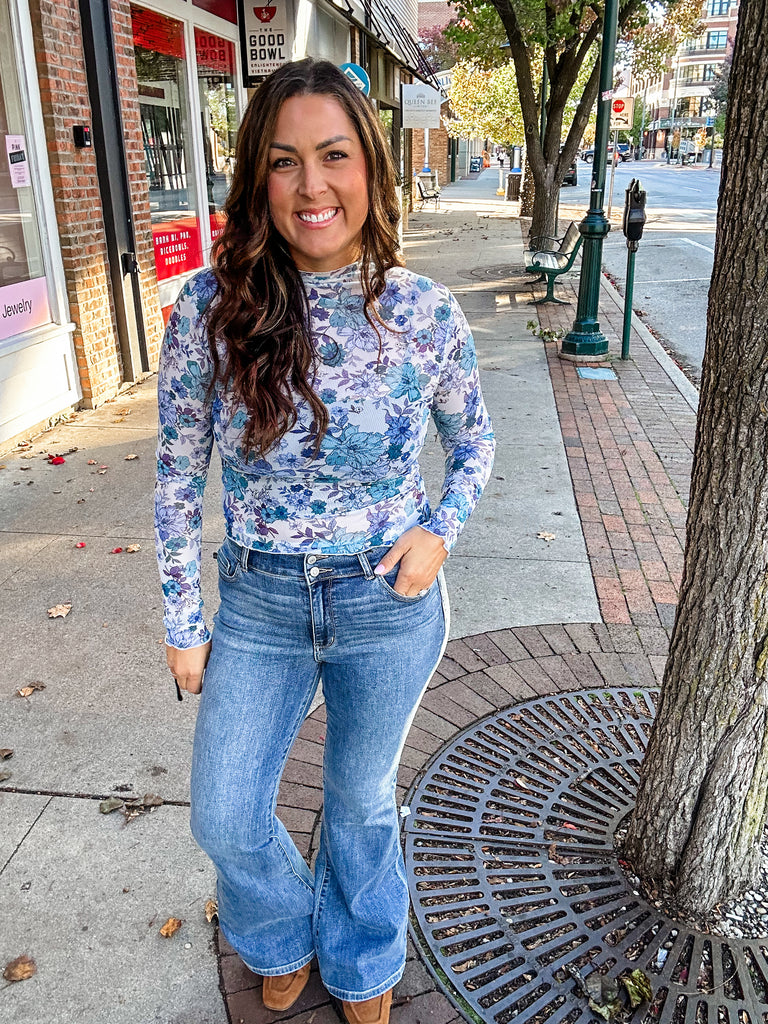 Petal Whisper Mesh Top in Slate Blue (S-XL)-110 Long Sleeve-So Me-Hello Friends Boutique-Woman's Fashion Boutique Located in Traverse City, MI