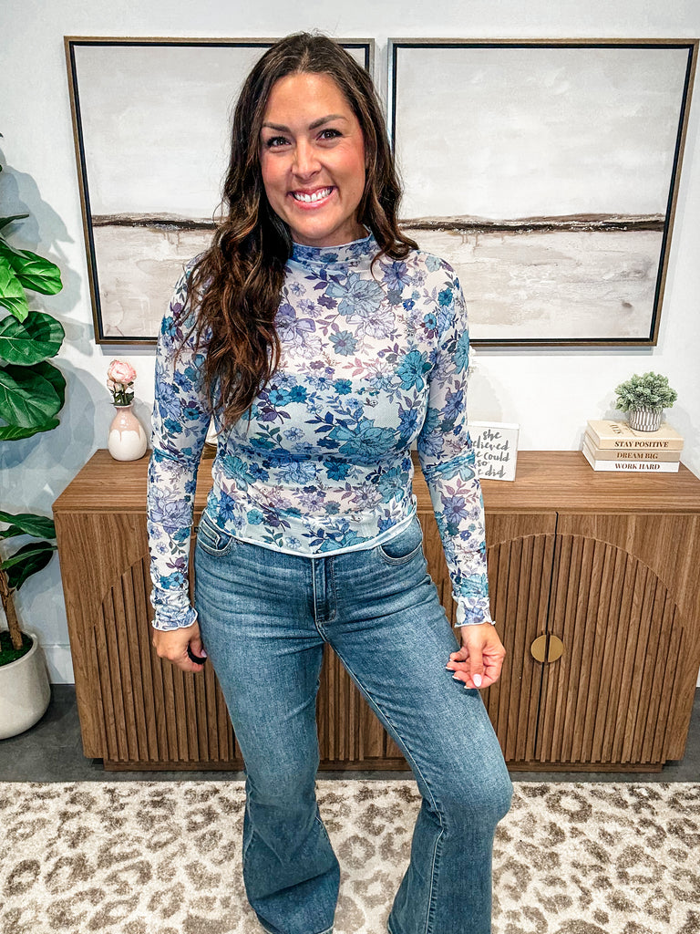 Petal Whisper Mesh Top in Slate Blue (S-XL)-110 Long Sleeve-So Me-Hello Friends Boutique-Woman's Fashion Boutique Located in Traverse City, MI