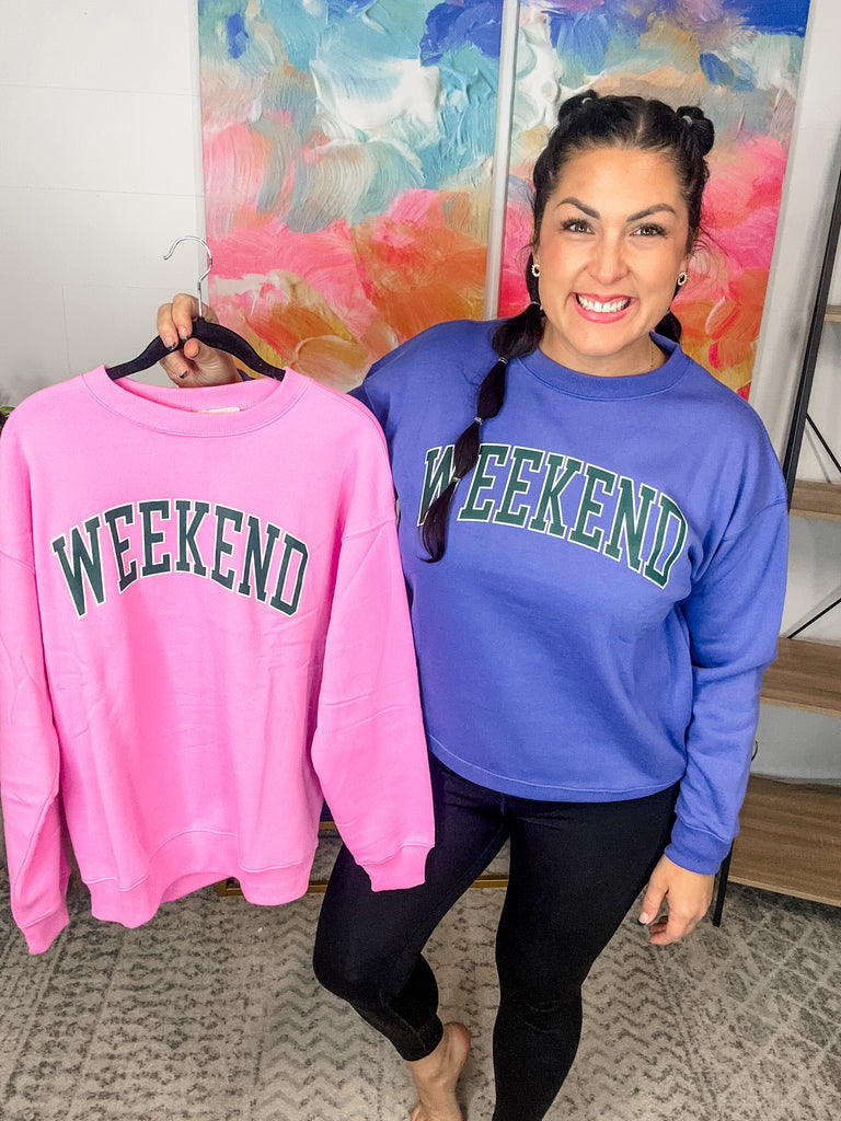 Weekend Graphic Sweatshirt (S-L)-140 Sweaters-Zenana-Hello Friends Boutique-Woman's Fashion Boutique Located in Traverse City, MI