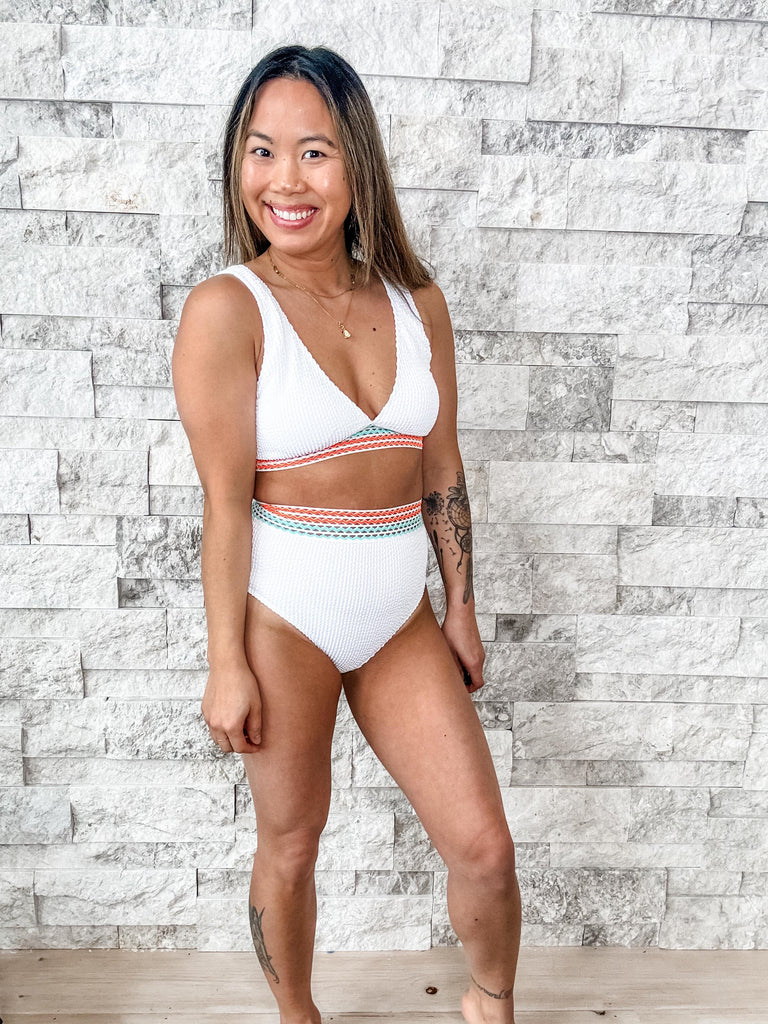 Somewhere On A Beach Swimsuit in White (S-XL)-270 Swimwear-WHOLESALESIR-Hello Friends Boutique-Woman's Fashion Boutique Located in Traverse City, MI