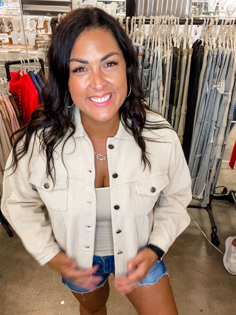 Distressed Hem Corduroy Jacket in Beige (S-L)-170 Jackets-POL-Hello Friends Boutique-Woman's Fashion Boutique Located in Traverse City, MI