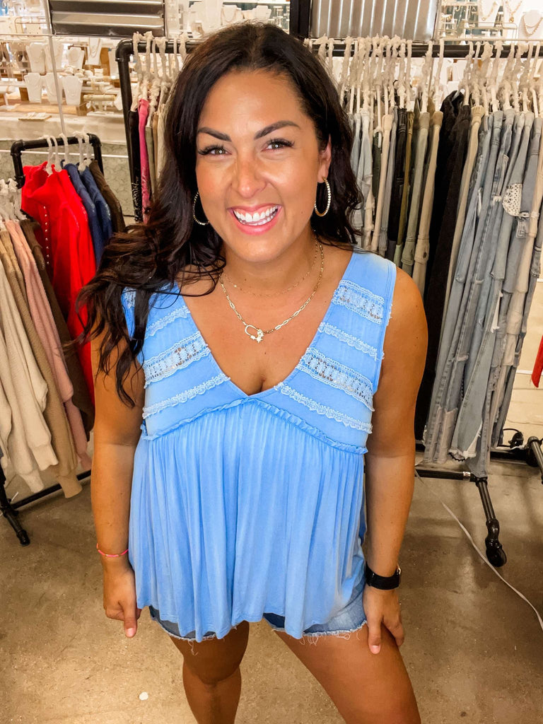 Sleeveless V-Neck Baby Doll Top in Pacific Blue (S-L)-120 Sleeveless-POL-Hello Friends Boutique-Woman's Fashion Boutique Located in Traverse City, MI