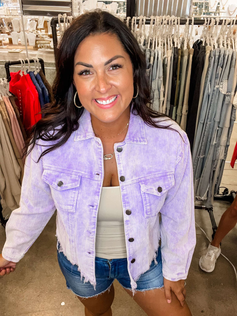 Distressed Hem Corduroy Jacket in Purple (S-L)-170 Jackets-POL-Hello Friends Boutique-Woman's Fashion Boutique Located in Traverse City, MI