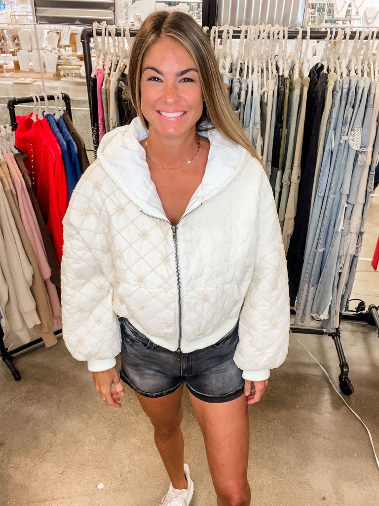 Floral Embroidery Puff Jacket (S-L)-170 Jackets-POL-Hello Friends Boutique-Woman's Fashion Boutique Located in Traverse City, MI