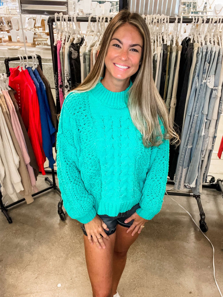 Mock Neck Balloon Sleeve Cable Knit Sweater (S-L)-140 Sweaters-POL-Hello Friends Boutique-Woman's Fashion Boutique Located in Traverse City, MI