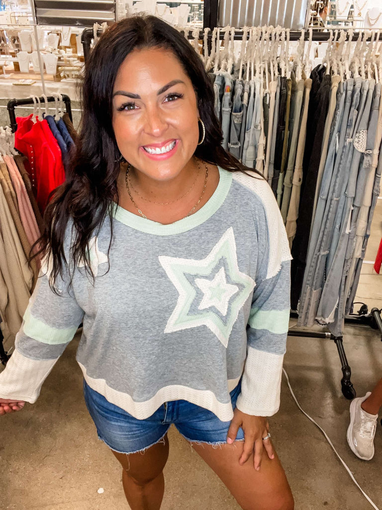 Star Patch Long Sleeve Cropped Knit Top (S-L)-110 Long Sleeve-POL-Hello Friends Boutique-Woman's Fashion Boutique Located in Traverse City, MI