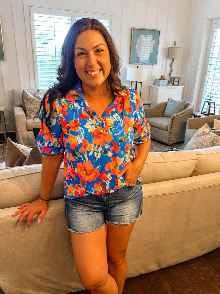 Royal Blue & Neon Pink Floral Wrinkle-Free Top (S-3XL)-100 Short Sleeve-Sew In Love-Hello Friends Boutique-Woman's Fashion Boutique Located in Traverse City, MI
