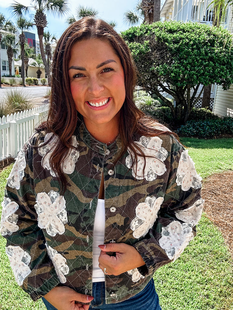 Camo Flower Jacket (S-L)-170 Outerwear/Jackets-POL-Hello Friends Boutique-Woman's Fashion Boutique Located in Traverse City, MI