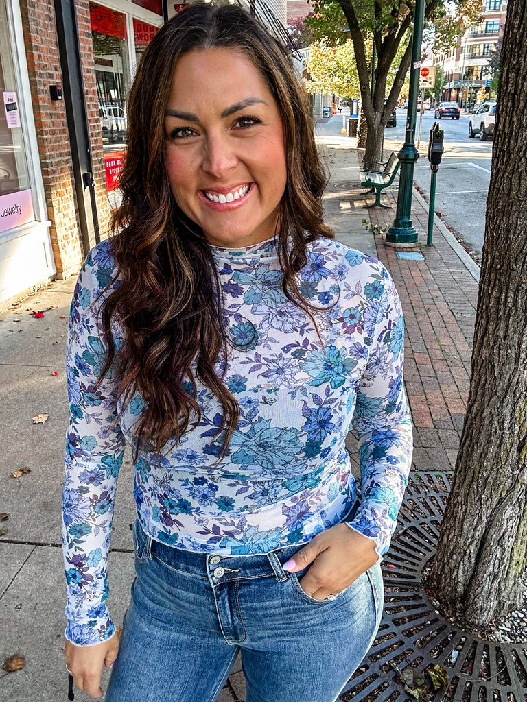 Petal Whisper Mesh Top in Slate Blue (S-XL)-110 Long Sleeve-So Me-Hello Friends Boutique-Woman's Fashion Boutique Located in Traverse City, MI