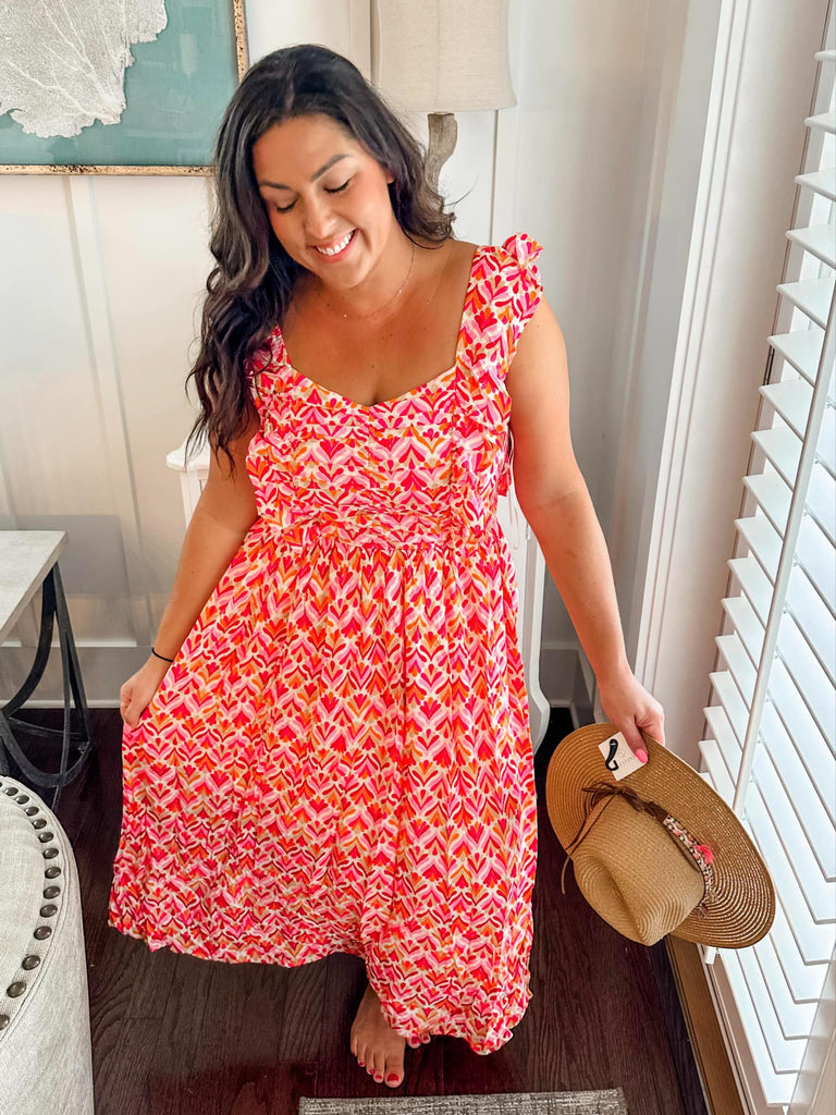 Fuchsia & Orange Multi-Print Maxi Dress with Ruffle Sleeves (S-3XL)-180 Dresses-Sew In Love-Hello Friends Boutique-Woman's Fashion Boutique Located in Traverse City, MI