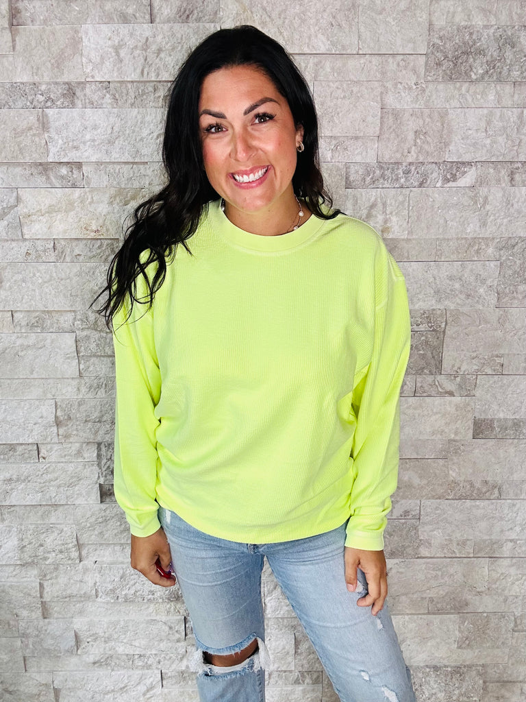 Moon Ryder Luxe Corded Crew in Bright Yellow (S-2XL)-150 Sweatshirts/Hoodies-Moon Ryder-Hello Friends Boutique-Woman's Fashion Boutique Located in Traverse City, MI