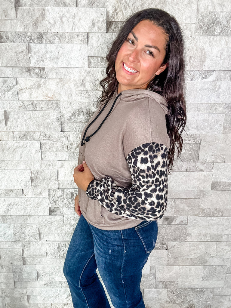 Animal Print Sleeve Taupe Hoodie (S-3XL)-150 Sweatshirts/Hoodies-Sew In Love-Hello Friends Boutique-Woman's Fashion Boutique Located in Traverse City, MI