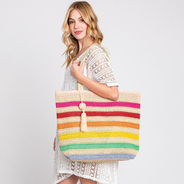 Striped Straw Crochet Tote Bag-260 Bags-Judson-Hello Friends Boutique-Woman's Fashion Boutique Located in Traverse City, MI