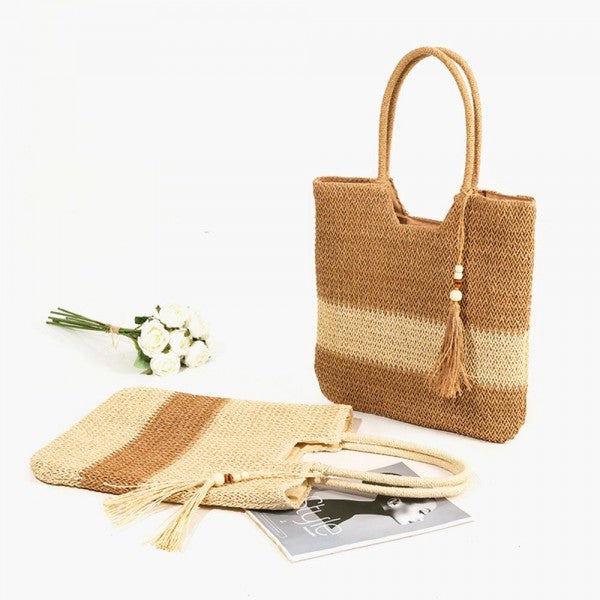 Two Tone Woven Straw Tote Bag-260 Bags-Judson-Hello Friends Boutique-Woman's Fashion Boutique Located in Traverse City, MI