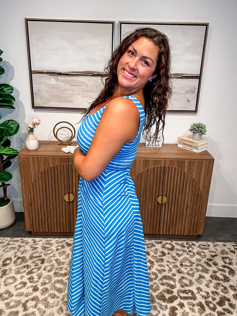 The Luciana Stripe Dress in Blue (XS-1XL)-180 Dresses-Blakeley-Hello Friends Boutique-Woman's Fashion Boutique Located in Traverse City, MI