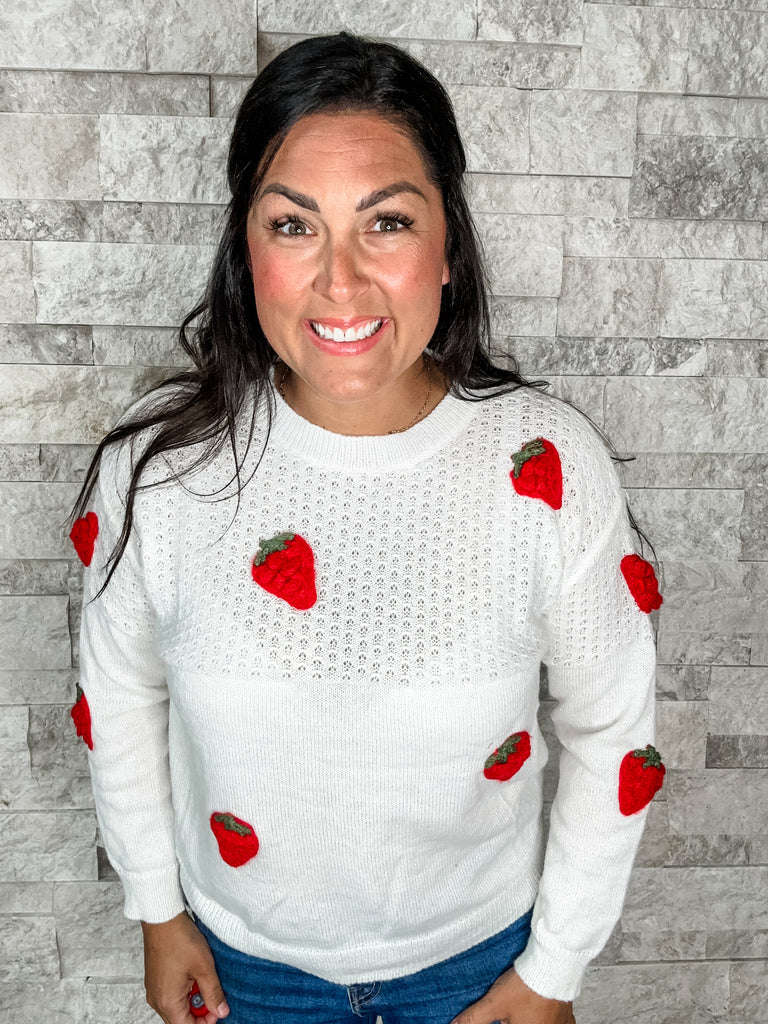 Strawberry Delight Sweater (S-XL)-140 Sweaters-Bibi-Hello Friends Boutique-Woman's Fashion Boutique Located in Traverse City, MI