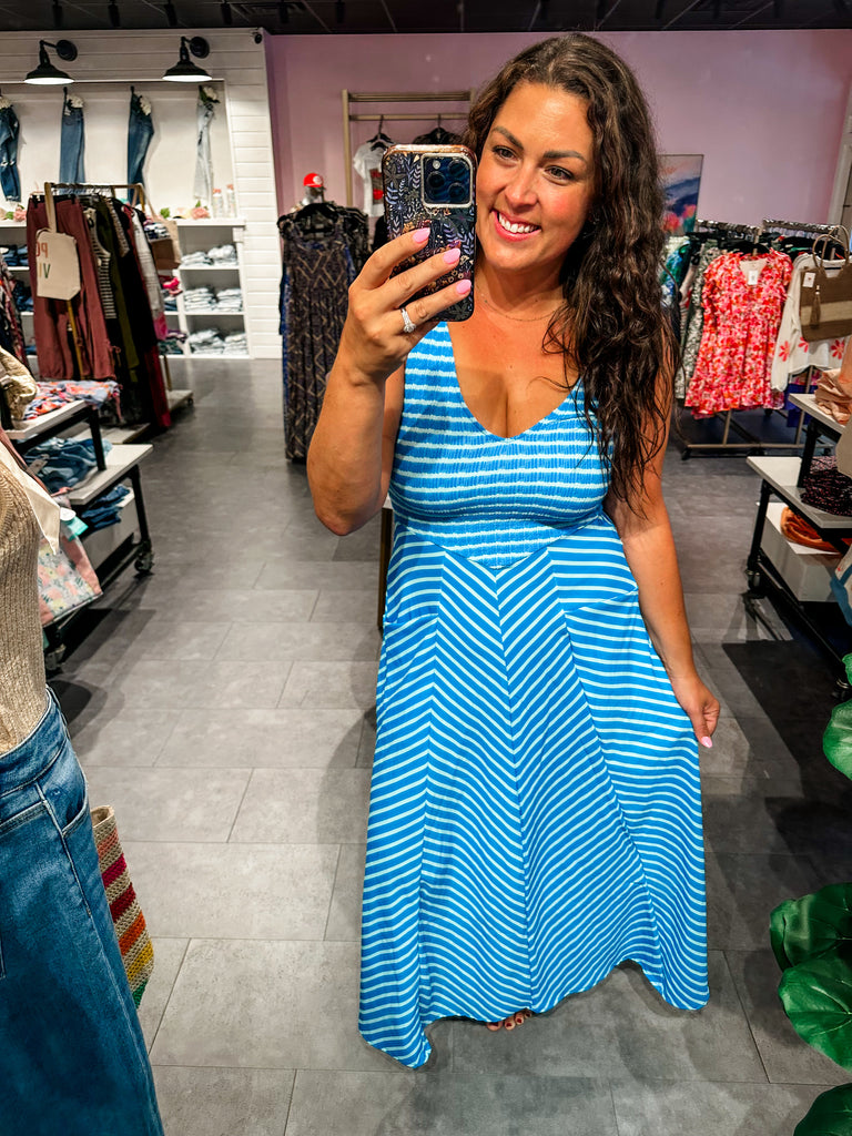 The Luciana Stripe Dress in Blue (XS-1XL)-180 Dresses-Blakeley-Hello Friends Boutique-Woman's Fashion Boutique Located in Traverse City, MI