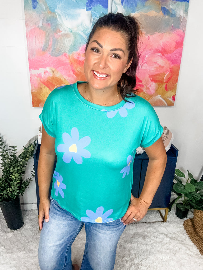 Among The Wildflowers Top in Turquoise (S-XL)-100 Short Sleeve-7th Ray-Hello Friends Boutique-Woman's Fashion Boutique Located in Traverse City, MI