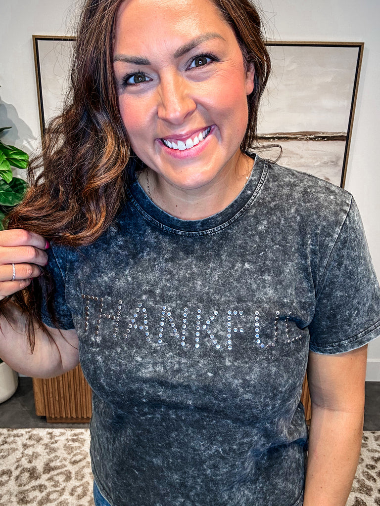 Thankful & Thriving Tee in Charcoal (S-1XL)-130 Graphic Tees-Merigold Kiss-Hello Friends Boutique-Woman's Fashion Boutique Located in Traverse City, MI