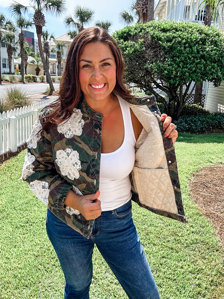 Camo Flower Jacket (S-L)-170 Outerwear/Jackets-POL-Hello Friends Boutique-Woman's Fashion Boutique Located in Traverse City, MI