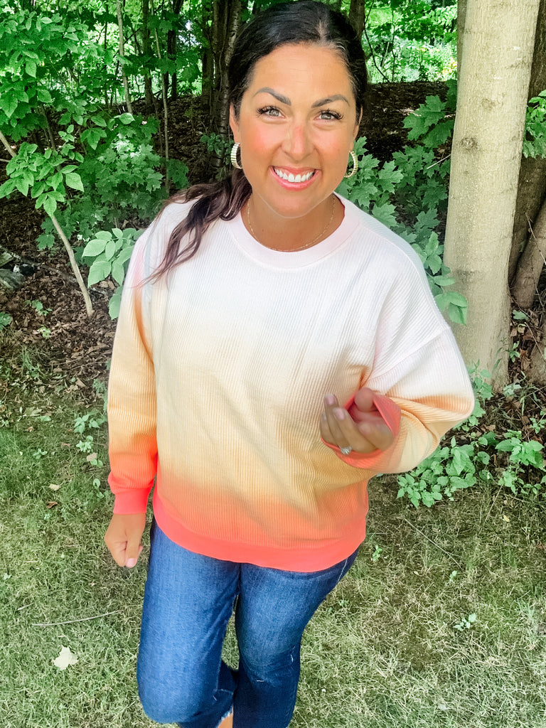 Moon Ryder Ombre Corded Crew in Yellow/Orange (S-2XL)-150 Sweatshirts/Hoodies-Moon Ryder-Hello Friends Boutique-Woman's Fashion Boutique Located in Traverse City, MI