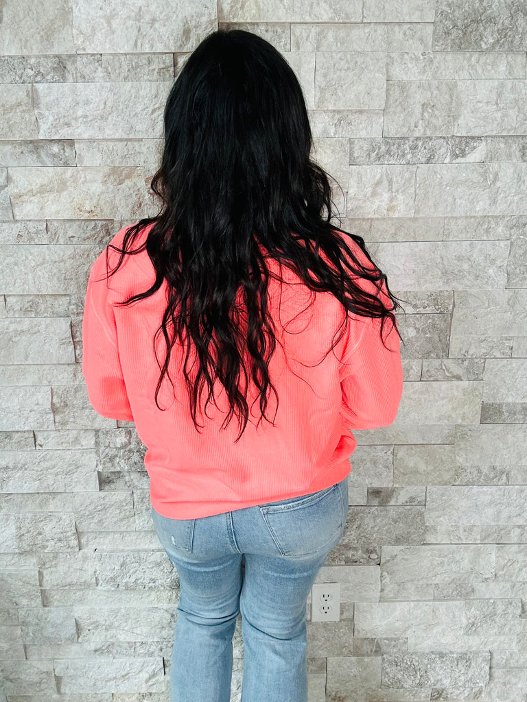 Moon Ryder Luxe Corded Crew in Coral (S-2XL)-150 Sweatshirts/Hoodies-Moon Ryder-Hello Friends Boutique-Woman's Fashion Boutique Located in Traverse City, MI
