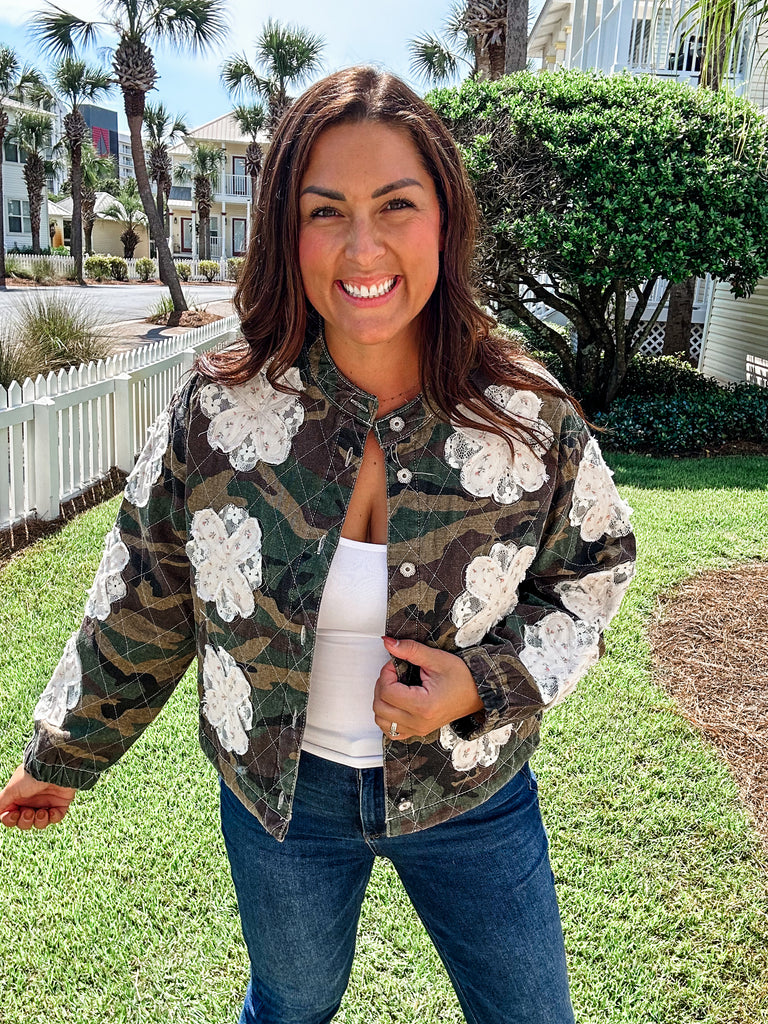 Camo Flower Jacket (S-L)-170 Outerwear/Jackets-POL-Hello Friends Boutique-Woman's Fashion Boutique Located in Traverse City, MI