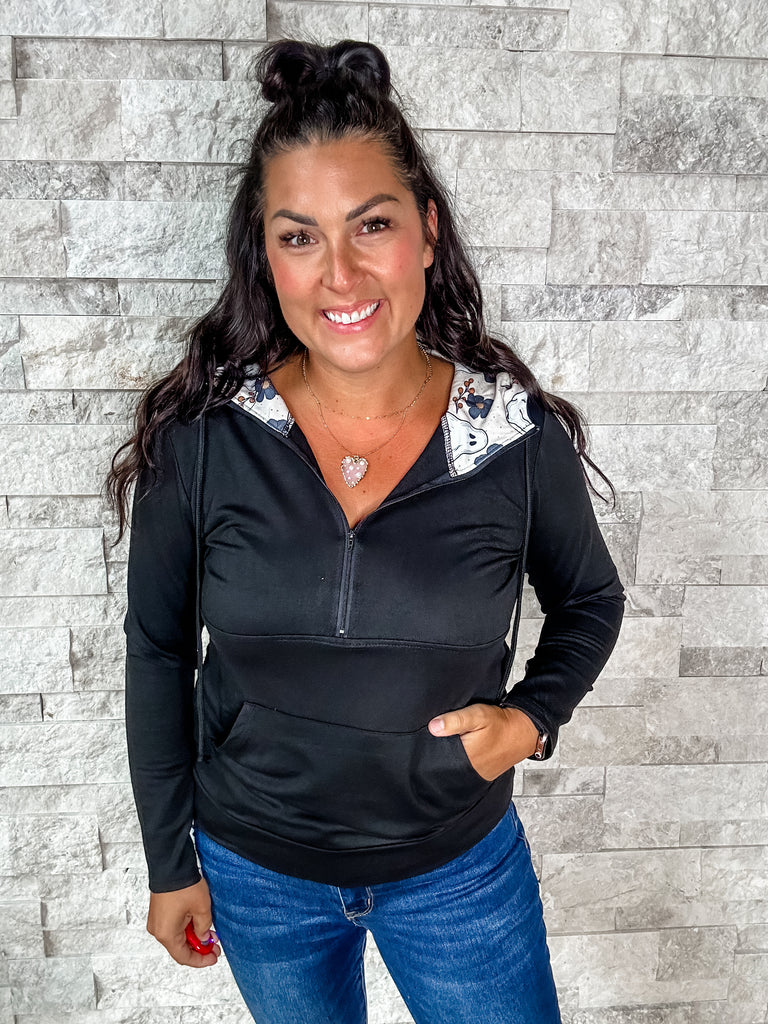 Audre Fall Hoodie in Black Flora (S-3XL)-150 Sweatshirts/Hoodies-Shirley & Stone-Hello Friends Boutique-Woman's Fashion Boutique Located in Traverse City, MI