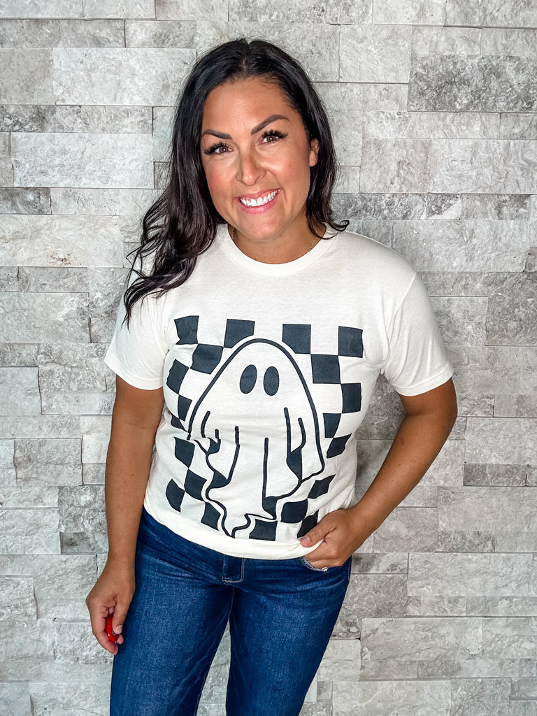 Checkered Ghost Graphic Tee (S-3XL)-130 Graphic Tees-D&E Tees-Hello Friends Boutique-Woman's Fashion Boutique Located in Traverse City, MI