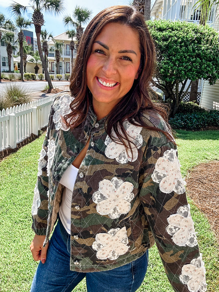 Camo Flower Jacket (S-L)-170 Outerwear/Jackets-POL-Hello Friends Boutique-Woman's Fashion Boutique Located in Traverse City, MI