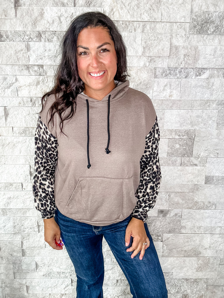 Animal Print Sleeve Taupe Hoodie (S-3XL)-150 Sweatshirts/Hoodies-Sew In Love-Hello Friends Boutique-Woman's Fashion Boutique Located in Traverse City, MI