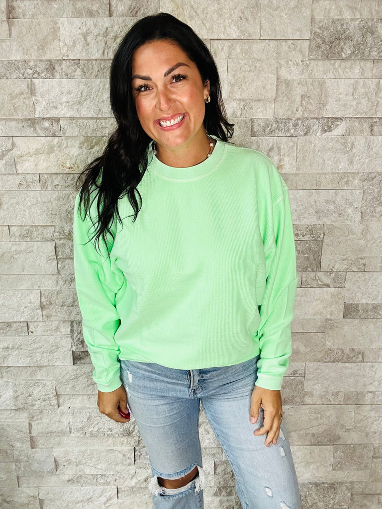 Moon Ryder Luxe Corded Crew in Lime (S-2XL)-150 Sweatshirts/Hoodies-Moon Ryder-Hello Friends Boutique-Woman's Fashion Boutique Located in Traverse City, MI