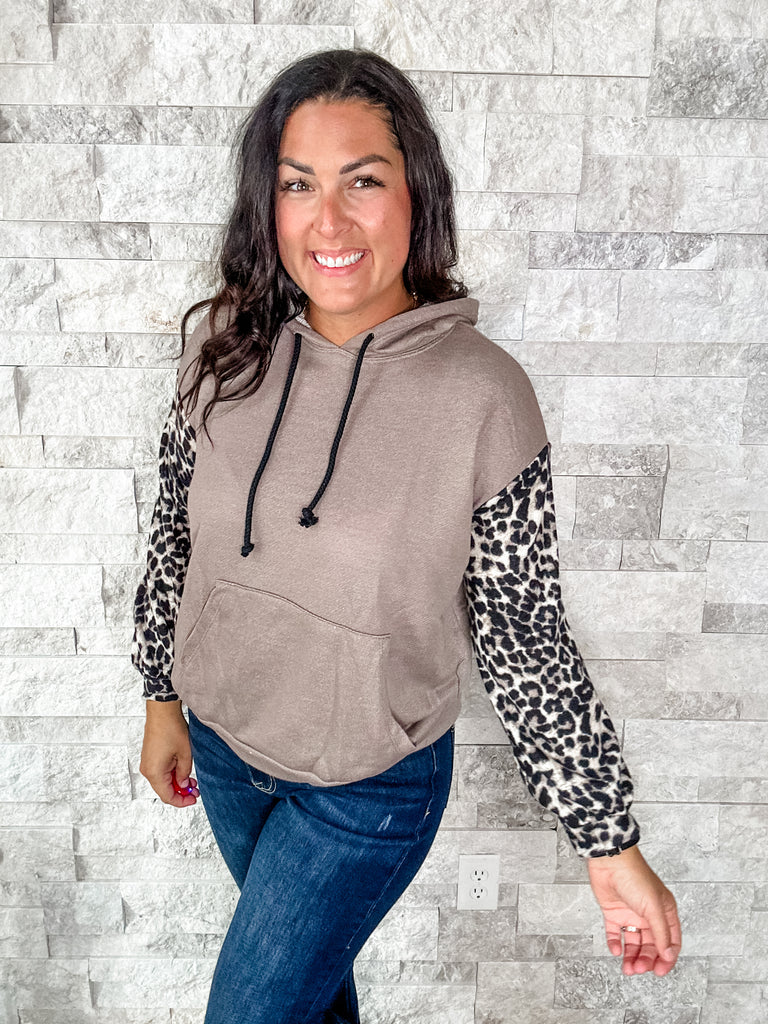 Animal Print Sleeve Taupe Hoodie (S-3XL)-150 Sweatshirts/Hoodies-Sew In Love-Hello Friends Boutique-Woman's Fashion Boutique Located in Traverse City, MI