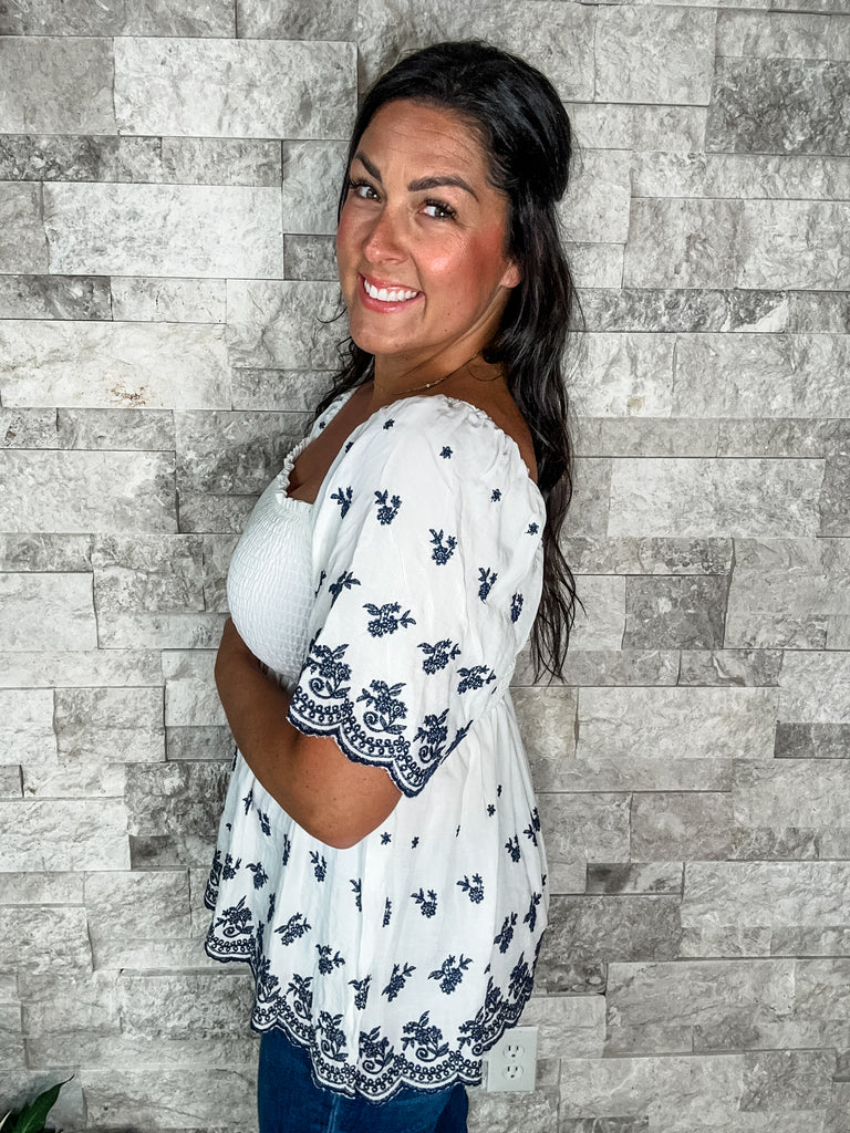 Laid Back Top in White/Navy (S-3XL)-100 Short Sleeve-HAPTICS-Hello Friends Boutique-Woman's Fashion Boutique Located in Traverse City, MI