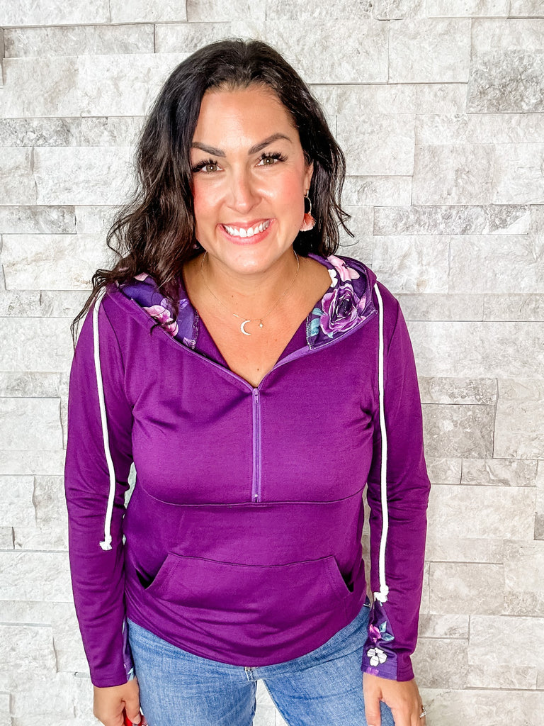 Audre Fall Hoodie in Plum w/Floral Print (S-3XL)-150 Sweatshirts/Hoodies-Shirley & Stone-Hello Friends Boutique-Woman's Fashion Boutique Located in Traverse City, MI
