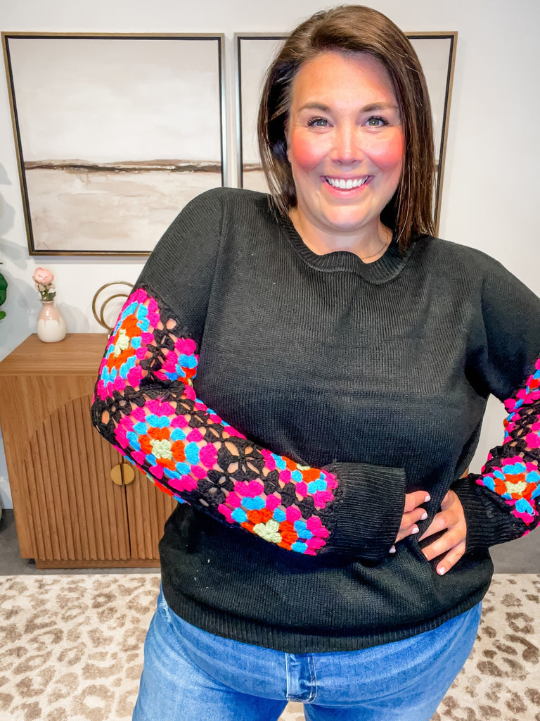 Color Bloom Crochet Sleeve Sweater (S-3XL)-110 Long Sleeve-Sew In Love-Hello Friends Boutique-Woman's Fashion Boutique Located in Traverse City, MI