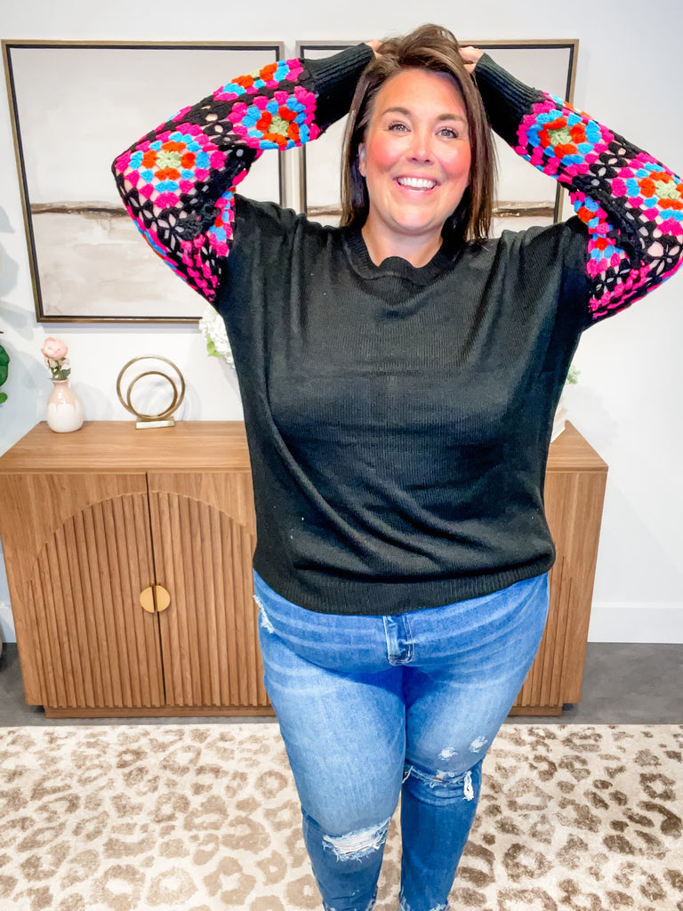Color Bloom Crochet Sleeve Sweater (S-3XL)-110 Long Sleeve-Sew In Love-Hello Friends Boutique-Woman's Fashion Boutique Located in Traverse City, MI