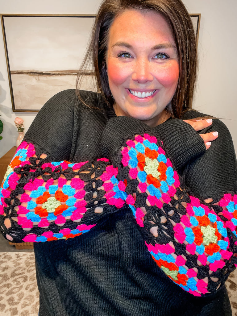 Color Bloom Crochet Sleeve Sweater (S-3XL)-110 Long Sleeve-Sew In Love-Hello Friends Boutique-Woman's Fashion Boutique Located in Traverse City, MI