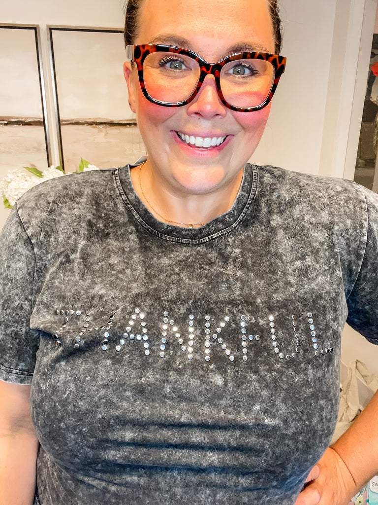 Thankful & Thriving Tee in Charcoal (S-1XL)-130 Graphic Tees-Merigold Kiss-Hello Friends Boutique-Woman's Fashion Boutique Located in Traverse City, MI